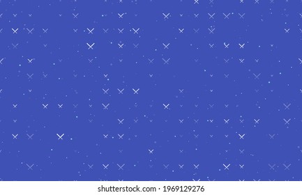 Seamless background pattern of evenly spaced white baseball bats symbols of different sizes and opacity. Vector illustration on indigo background with stars