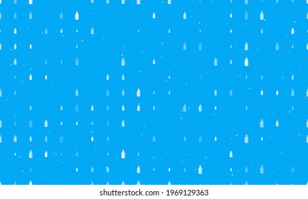 Seamless background pattern of evenly spaced white feeding bottle symbols of different sizes and opacity. Vector illustration on light blue background with stars
