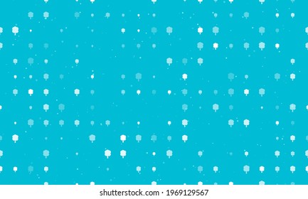 Seamless background pattern of evenly spaced white tree symbols of different sizes and opacity. Vector illustration on cyan background with stars