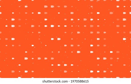 Seamless background pattern of evenly spaced white video camera symbols of different sizes and opacity. Vector illustration on deep orange background with stars