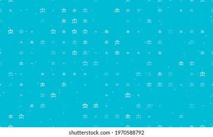 Seamless background pattern of evenly spaced white baby mobiles of different sizes and opacity. Vector illustration on cyan background with stars