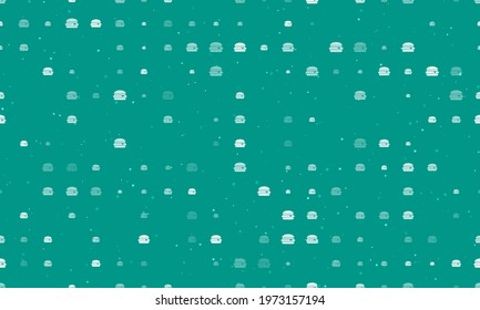 Seamless background pattern of evenly spaced white hamburger symbols of different sizes and opacity. Vector illustration on teal background with stars