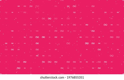 Seamless background pattern of evenly spaced white infinity symbols of different sizes and opacity. Vector illustration on pink background with stars