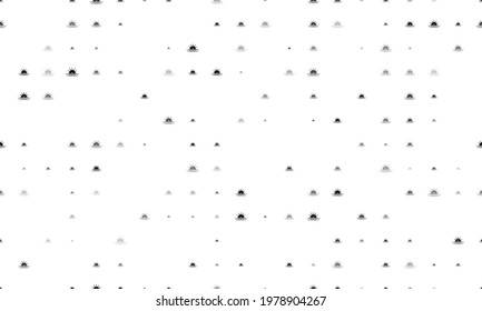 Seamless background pattern of evenly spaced black sunrise at sea symbols of different sizes and opacity. Vector illustration on white background