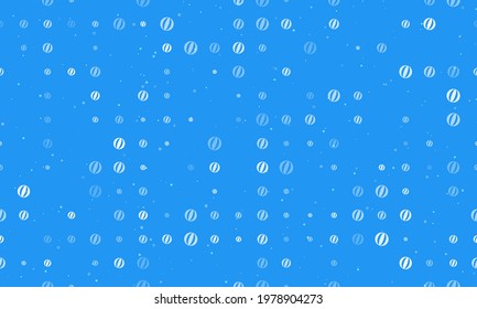 Seamless background pattern of evenly spaced white beach ball symbols of different sizes and opacity. Vector illustration on blue background with stars