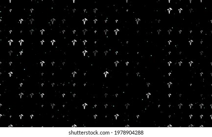 Seamless background pattern of evenly spaced white palm trees symbols of different sizes and opacity. Vector illustration on black background with stars