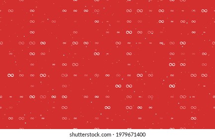 Seamless background pattern of evenly spaced white infinity symbols of different sizes and opacity. Vector illustration on red background with stars