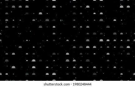 Seamless background pattern of evenly spaced white people symbols of different sizes and opacity. Vector illustration on black background with stars