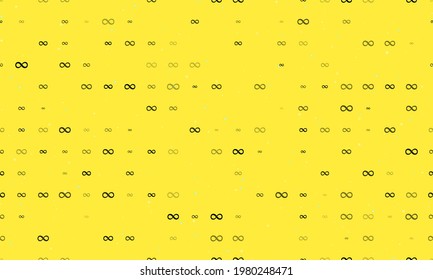 Seamless background pattern of evenly spaced black infinity symbols of different sizes and opacity. Vector illustration on yellow background with stars