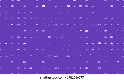 Seamless background pattern of evenly spaced white people symbols of different sizes and opacity. Vector illustration on deep purple background with stars