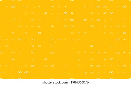 Seamless background pattern of evenly spaced white infinity symbols of different sizes and opacity. Vector illustration on amber background with stars