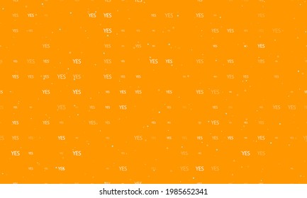 Seamless background pattern of evenly spaced white yes symbols of different sizes and opacity. Vector illustration on orange background with stars
