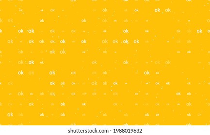 Seamless background pattern of evenly spaced white ok symbols of different sizes and opacity. Vector illustration on amber background with stars