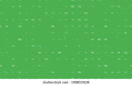 Seamless background pattern of evenly spaced white yes symbols of different sizes and opacity. Vector illustration on green background with stars