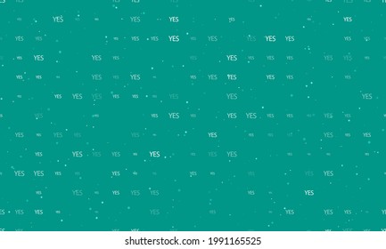 Seamless background pattern of evenly spaced white yes symbols of different sizes and opacity. Vector illustration on teal background with stars