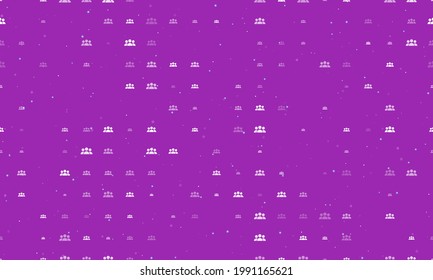 Seamless background pattern of evenly spaced white people symbols of different sizes and opacity. Vector illustration on purple background with stars