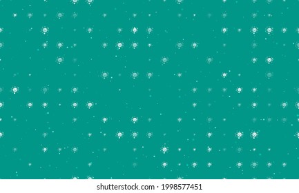 Seamless background pattern of evenly spaced white cosmic symbols of different sizes and opacity. Vector illustration on teal background with stars