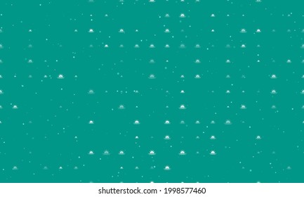 Seamless background pattern of evenly spaced white sunrise at sea symbols of different sizes and opacity. Vector illustration on teal background with stars
