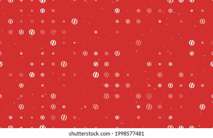 Seamless background pattern of evenly spaced white beach ball symbols of different sizes and opacity. Vector illustration on red background with stars