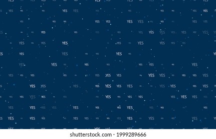 Seamless background pattern of evenly spaced white yes symbols of different sizes and opacity. Vector illustration on dark blue background with stars