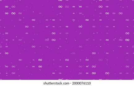 Seamless background pattern of evenly spaced white infinity symbols of different sizes and opacity. Vector illustration on purple background with stars