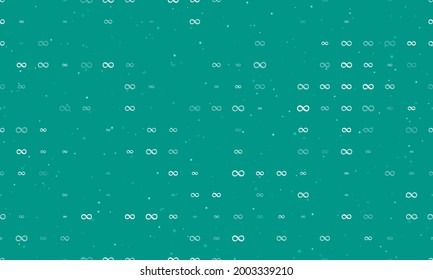 Seamless background pattern of evenly spaced white infinity symbols of different sizes and opacity. Vector illustration on teal background with stars