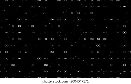 Seamless background pattern of evenly spaced white infinity symbols of different sizes and opacity. Vector illustration on black background with stars