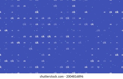 Seamless background pattern of evenly spaced white ok symbols of different sizes and opacity. Vector illustration on indigo background with stars