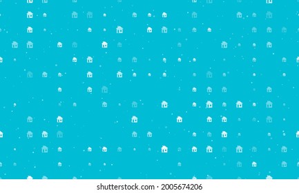 Seamless background pattern of evenly spaced white house symbols of different sizes and opacity. Vector illustration on cyan background with stars