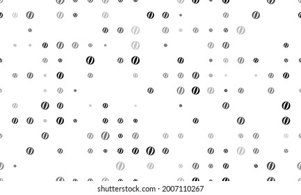 Seamless background pattern of evenly spaced black beach ball symbols of different sizes and opacity. Vector illustration on white background