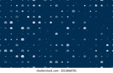 Seamless background pattern of evenly spaced white hamburger symbols of different sizes and opacity. Vector illustration on dark blue background with stars