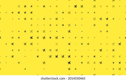 Seamless background pattern of evenly spaced black plane symbols of different sizes and opacity. Vector illustration on yellow background with stars