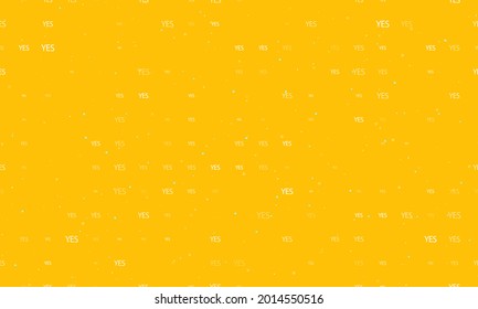 Seamless background pattern of evenly spaced white yes symbols of different sizes and opacity. Vector illustration on amber background with stars
