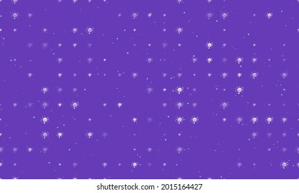 Seamless background pattern of evenly spaced white cosmic symbols of different sizes and opacity. Vector illustration on deep purple background with stars