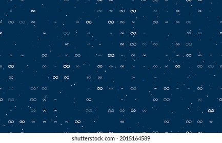 Seamless background pattern of evenly spaced white infinity symbols of different sizes and opacity. Vector illustration on dark blue background with stars