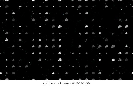 Seamless background pattern of evenly spaced white cheese symbols of different sizes and opacity. Vector illustration on black background with stars