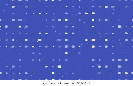 Seamless background pattern of evenly spaced white video camera symbols of different sizes and opacity. Vector illustration on indigo background with stars