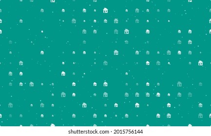 Seamless background pattern of evenly spaced white house symbols of different sizes and opacity. Vector illustration on teal background with stars