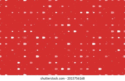 Seamless background pattern of evenly spaced white video camera symbols of different sizes and opacity. Vector illustration on red background with stars