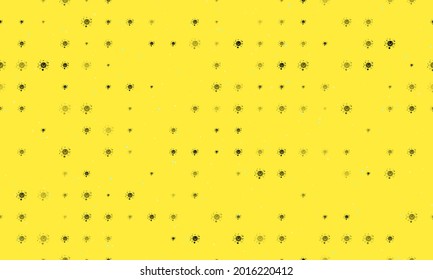 Seamless background pattern of evenly spaced black cosmic symbols of different sizes and opacity. Vector illustration on yellow background with stars