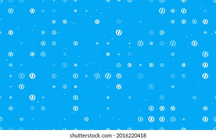 Seamless background pattern of evenly spaced white beach ball symbols of different sizes and opacity. Vector illustration on light blue background with stars