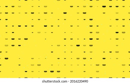 Seamless background pattern of evenly spaced black hotdog symbols of different sizes and opacity. Vector illustration on yellow background with stars