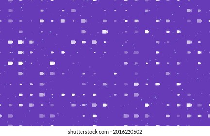 Seamless background pattern of evenly spaced white video camera symbols of different sizes and opacity. Vector illustration on deep purple background with stars
