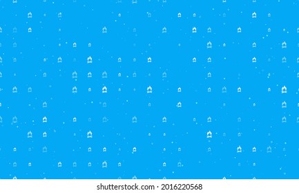 Seamless background pattern of evenly spaced white bonfire symbols of different sizes and opacity. Vector illustration on light blue background with stars