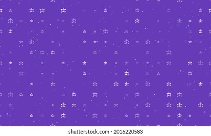 Seamless background pattern of evenly spaced white baby mobiles of different sizes and opacity. Vector illustration on deep purple background with stars