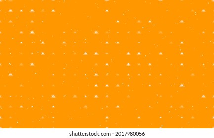Seamless background pattern of evenly spaced white sunrise at sea symbols of different sizes and opacity. Vector illustration on orange background with stars