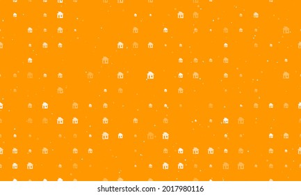 Seamless background pattern of evenly spaced white house symbols of different sizes and opacity. Vector illustration on orange background with stars