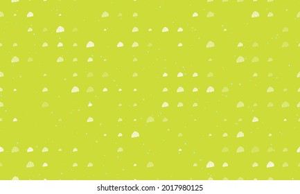 Seamless background pattern of evenly spaced white cheese symbols of different sizes and opacity. Vector illustration on lime background with stars