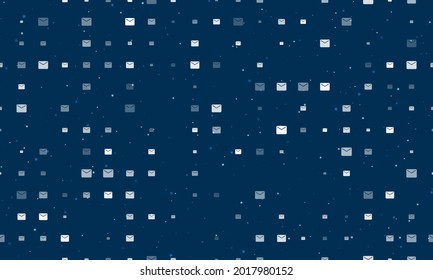 Seamless background pattern of evenly spaced white email symbols of different sizes and opacity. Vector illustration on dark blue background with stars