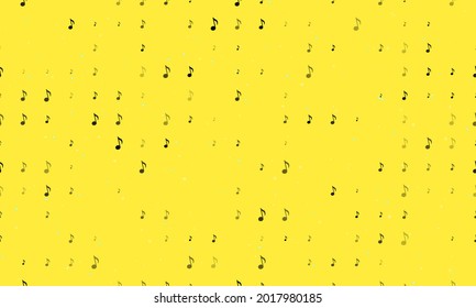 Seamless background pattern of evenly spaced black musical note symbols of different sizes and opacity. Vector illustration on yellow background with stars